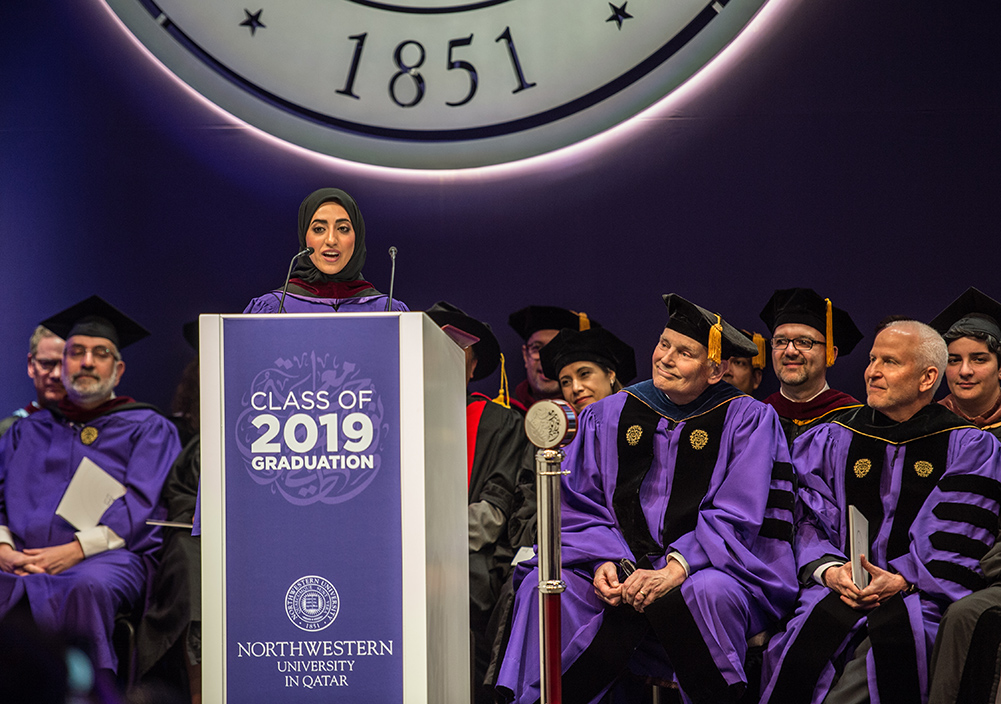 Sara Abdulla Al-Saadi, NU-Q '12, delivers the graduation speech at the ceremony