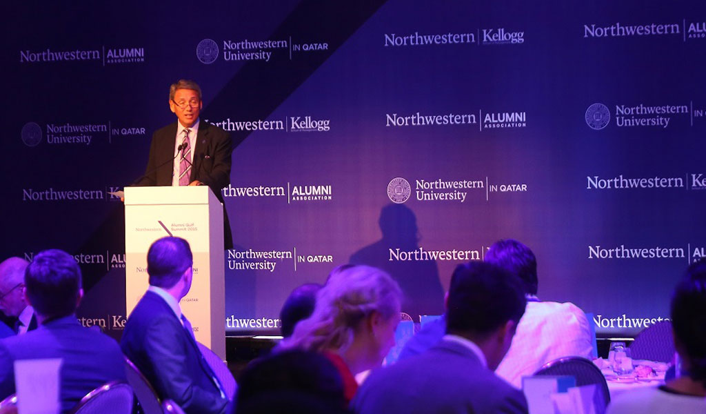 Bob McQuinn, vice president of development at Northwestern University, addresses alumni gathered in Dubai
