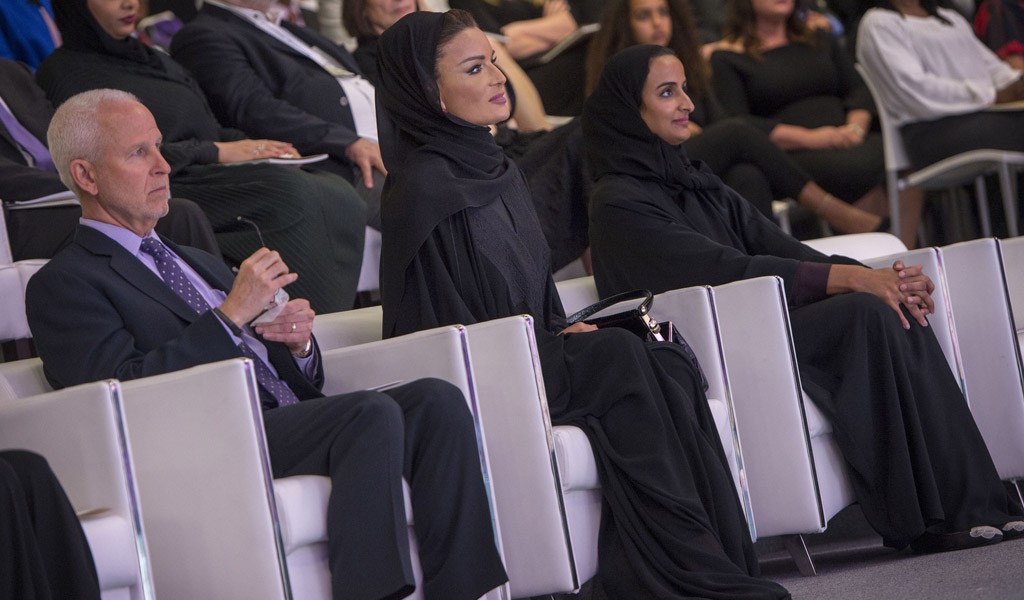 Attending NU-Q's building dedication ceremony: (pictured center) Her Highness Sheikha Moza bint Nasser, chairperson of the Qatar Foundation; (pictured right) Her Excellency Sheikha Hind bint Hamad Al-Thani, vice chairperson and CEO of Qatar Foundation; (pictured left) Morton Schapiro, president of Northwestern University.