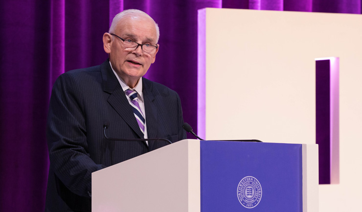 Everette E. Dennis, dean & CEO of NU-Q, gave opening remarks at the dedication ceremony celebrating the new Northwestern building in Doha's Education City.