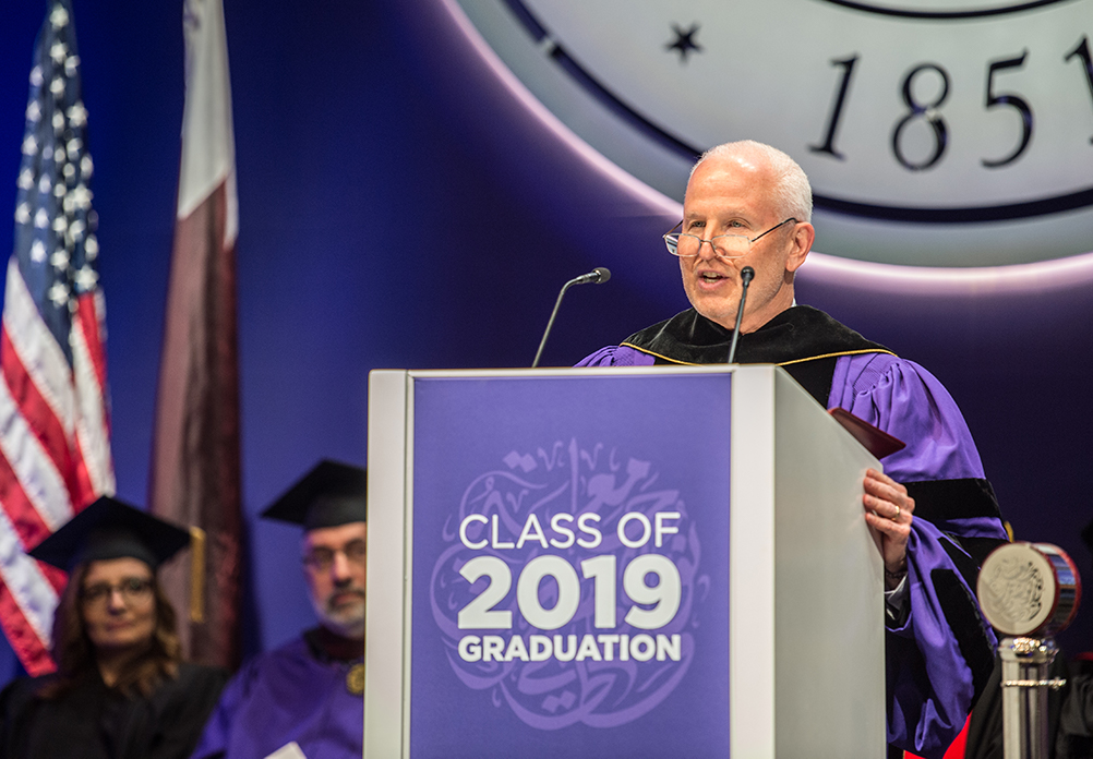 Northwestern President Morton Schapiro speaks at the NU-Q graduation ceremony