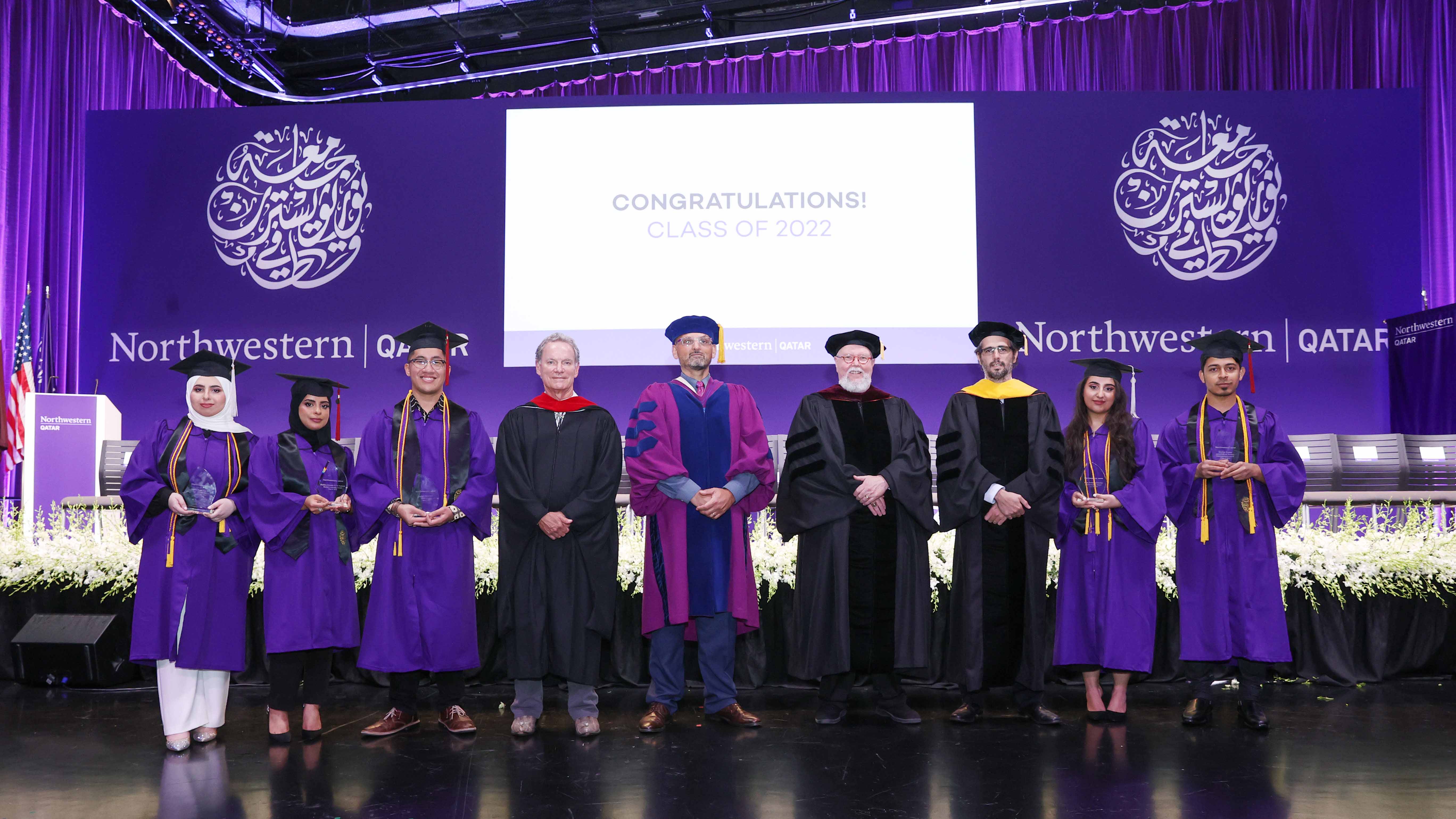 Left to right: Lujain Eyas Naif Assaf (Liberal Arts Award), Shaikha Ghanim H B Al-Kubaisi (Student Leadership Award), Darrell Pinontoan (Dean’s Award), Professor Craig LaMay, Dean Marwan M. Kraidy, Professor Gregory Ferrell Lowe, Professor Sami Hermez, Elissa Mohamad Mefleh (Communication Award), and Krishna Sharma (Journalism and Strategic Communication Award).