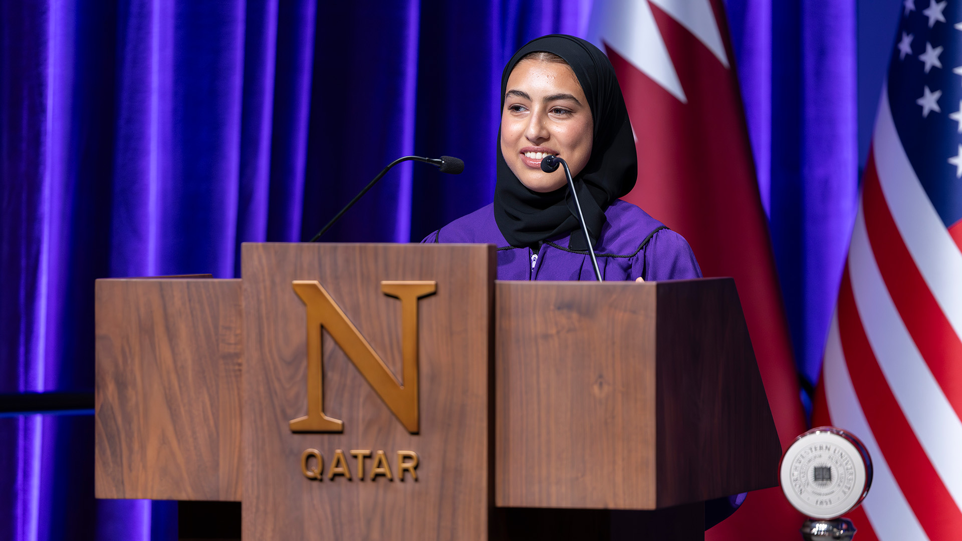 In her address to fellow new students, NUQSG President Deema Al-Sulaiti told them to embrace both challenges and opportunities in the years ahead