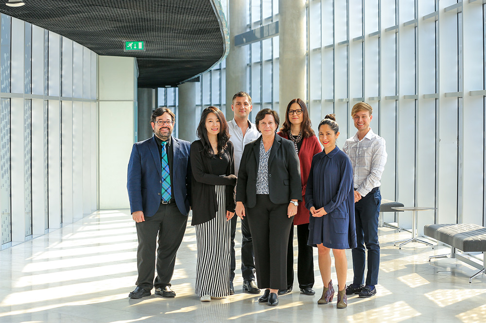 New faculty appointed at NU-Q: (l to r) Eddy Borges-Rey, S. Venus Jin, Spencer Striker, Kathleen Hewett-Smith, Larissa Buchholz, Marcela Pizarro, and João Queiroga. Not pictured: Anka Malatynska. 