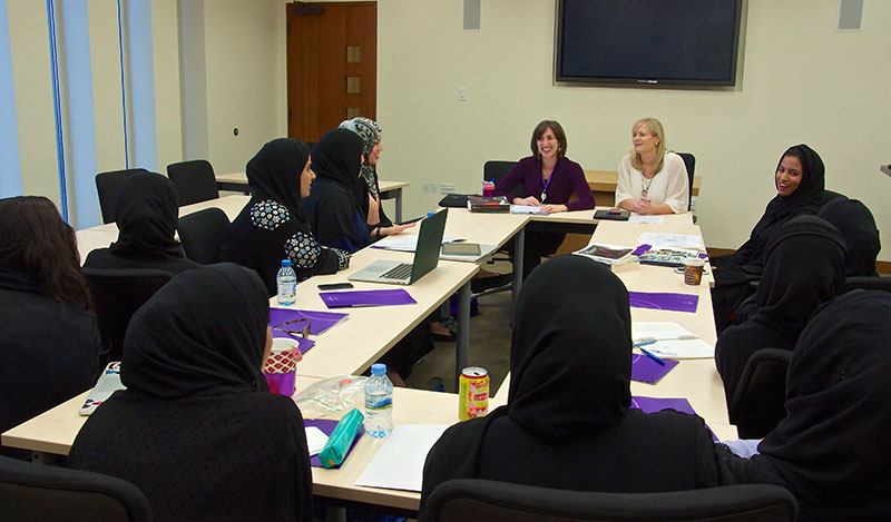 NU-Q researchers Jocelyn Mitchell and Tanya Kane with students