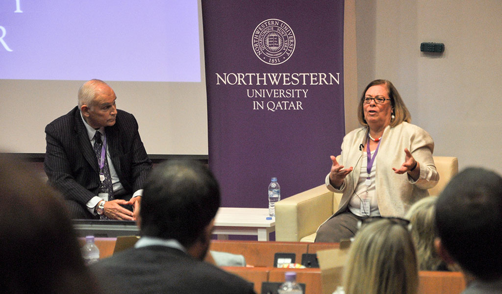 NU School of Communication Dean Barbara O'Keefe with NU-Q Dean Everette E. Dennis