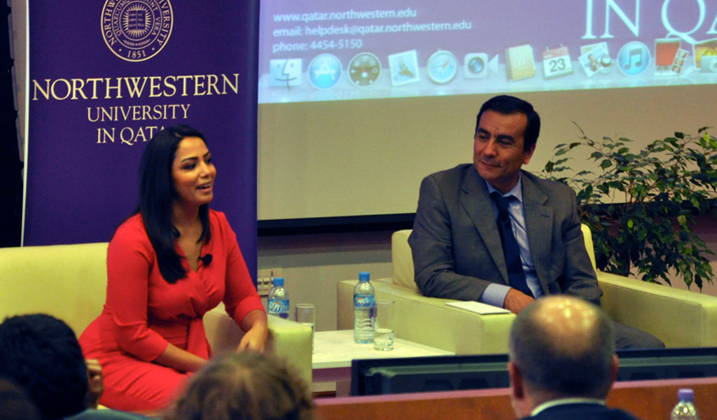 Al Jazeera presenter Rawaa Augé in an NU-Q Community Meeting led by NU-Q professor Khaled AL-Hroub