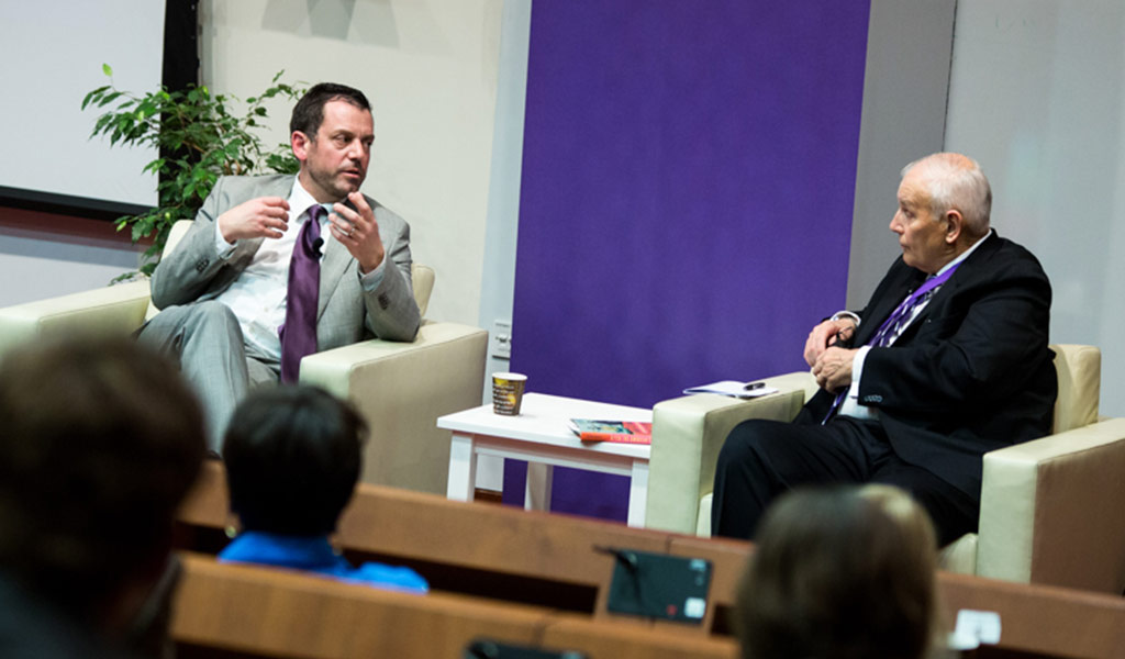 Northwestern professor Brian Edwards (left) with Everette E. Dennis, dean and CEO of NU-Q