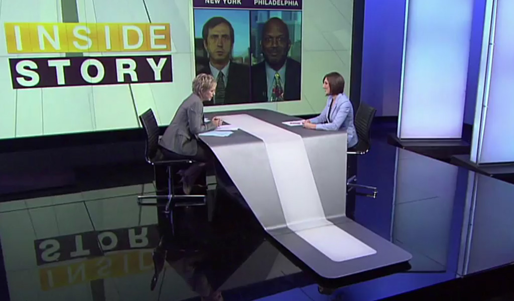 Jocelyn Mitchell (right), assistant professor at Northwestern University in Qatar, speaks with journalist Jane Dutton at Al Jazeera English studio in Doha