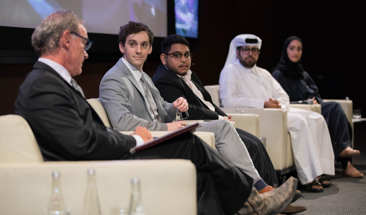 Northwestern held a symposium on May 1 discussing the new campus and its opportunities. Pictured left to right: Craig LaMay, associate professor, Northwestern University; Derek Thomspon, author and senior editor at The Atlantic; Ismaeel Naar, online journalist, Al Arabiya; Ibrahim Al Hashmi; and Najwa Al Thani, researcher, National Human Rights Committee Qatar.