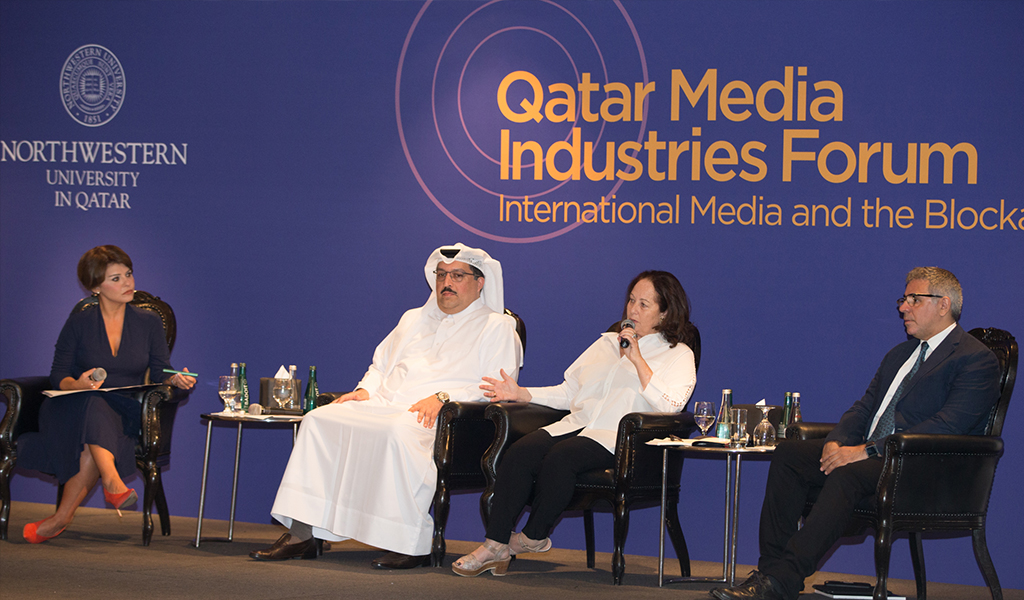 The panel included (L-R): NU-Q Professor Banu Akdenizli as moderator, Faisal Abdulhameed al-Mudahka, editor-in-chief at the Gulf Times; Vivienne Walt, foreign correspondent for TIME Magazine; and Borzou Daragahi, Middle East correspondent for BuzzFeed.