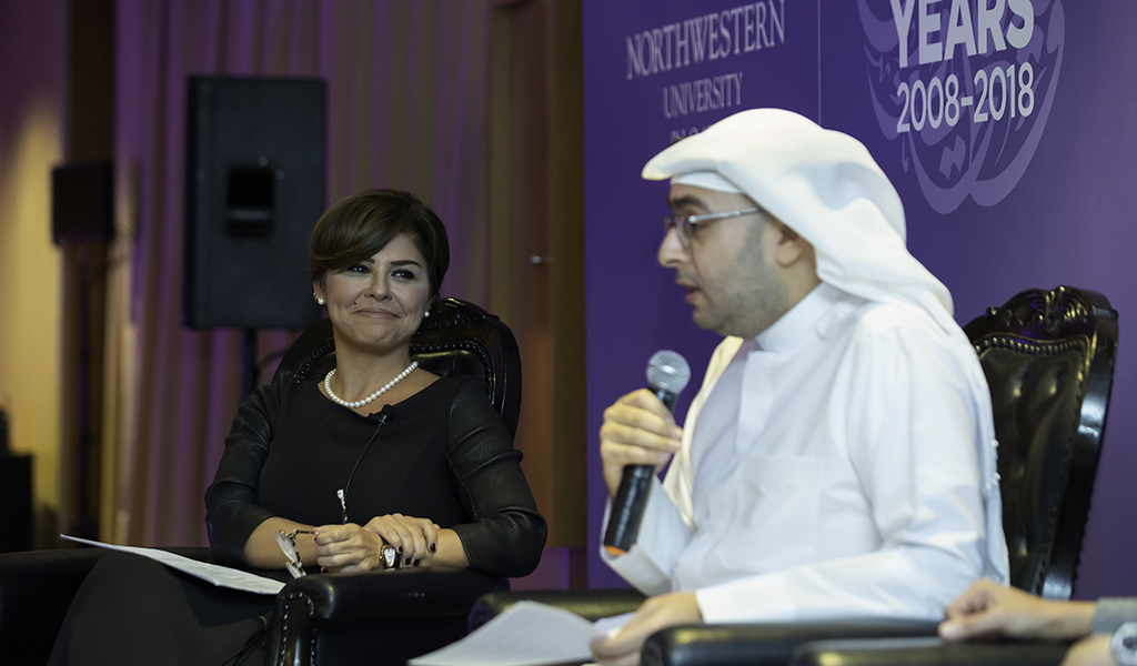 NU-Q professor Banu Akdenizli moderates a discussion with panelist Mohamed Jaidah (pictured), owner of local agency 60 Degrees and group executive director of Jaidah Group.