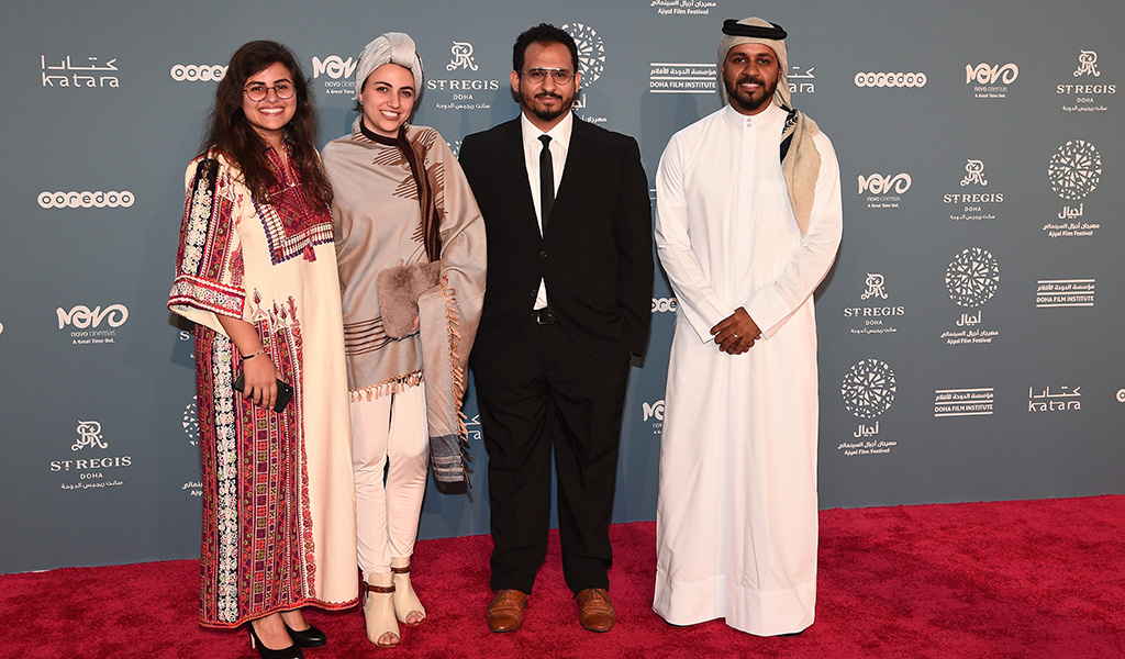 Pictured left to right: Yassmine Hammoudi, producer; Mariam Al-Dhubhani, director and NU-Q student; Mohammed Al-Jaberi, cast member; Yasser Mustafa, cinematographer