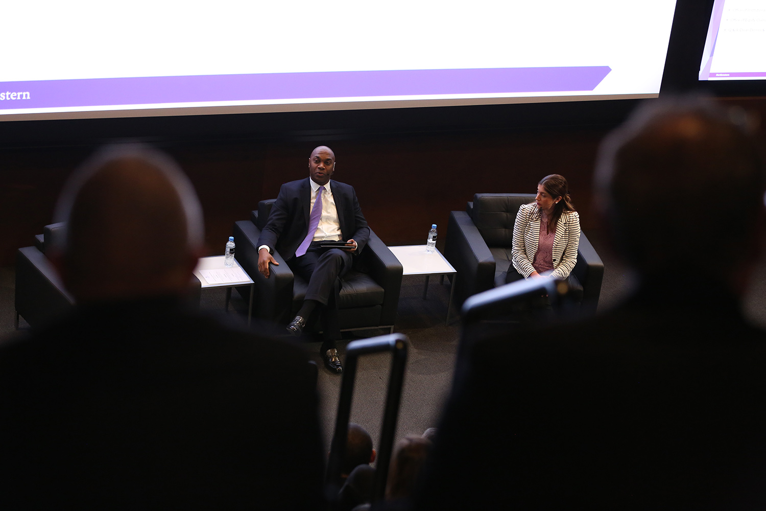Jabbar Bennett, Northwestern associate provost and chief diversity officer, and Sarah Wake, associate general counsel and associate vice president for equity, lead a community meeting at NU-Q