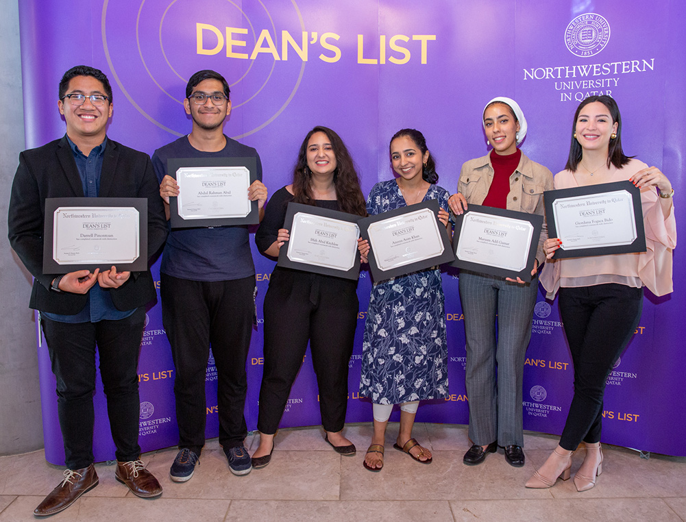 NU-Q students (l to r): Darrell Pinontoan, Abdul Rahman Abid, Iffah Kitchlew, Aneesa Asim Khan, Maryam Adil Gamar, and Giordana Fogaca Bido celebrate being named to the Dean’s List.