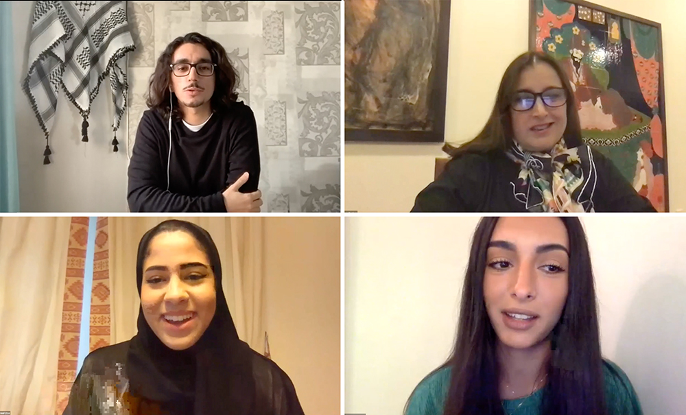 NU-Q student, faculty, and alumni speak to the Class of 2024 during a series of Qahwa Chats webinars.  Top l to r: Abdulla Al-Hor, Rana Kazkaz. Bottom l to r: Mariam Farid, Alessandra El Chanti. 