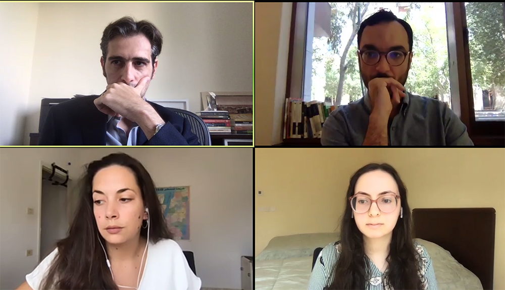 Screengrab from the webinar featuring Sami Hermez, acting director of the Liberal Arts Program and professor in residence, Tariq Dana, Kayan Khraisheh, and Yara Hawari. 