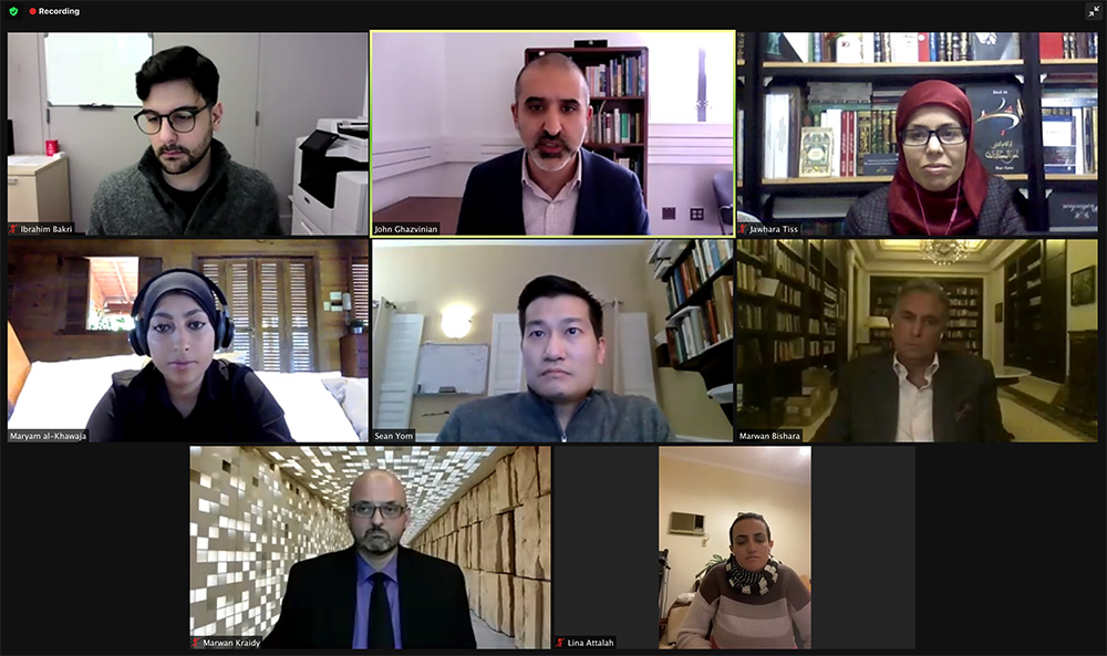 A screenshot from The Arab Spring: Ten Years Later webinar featuring Northwestern Qatar’s Dean Marwan Kraidy along with Maryam al-Khawaja, Lina Attalah , Marwan Bishara, and  Jawhara Tiss.  