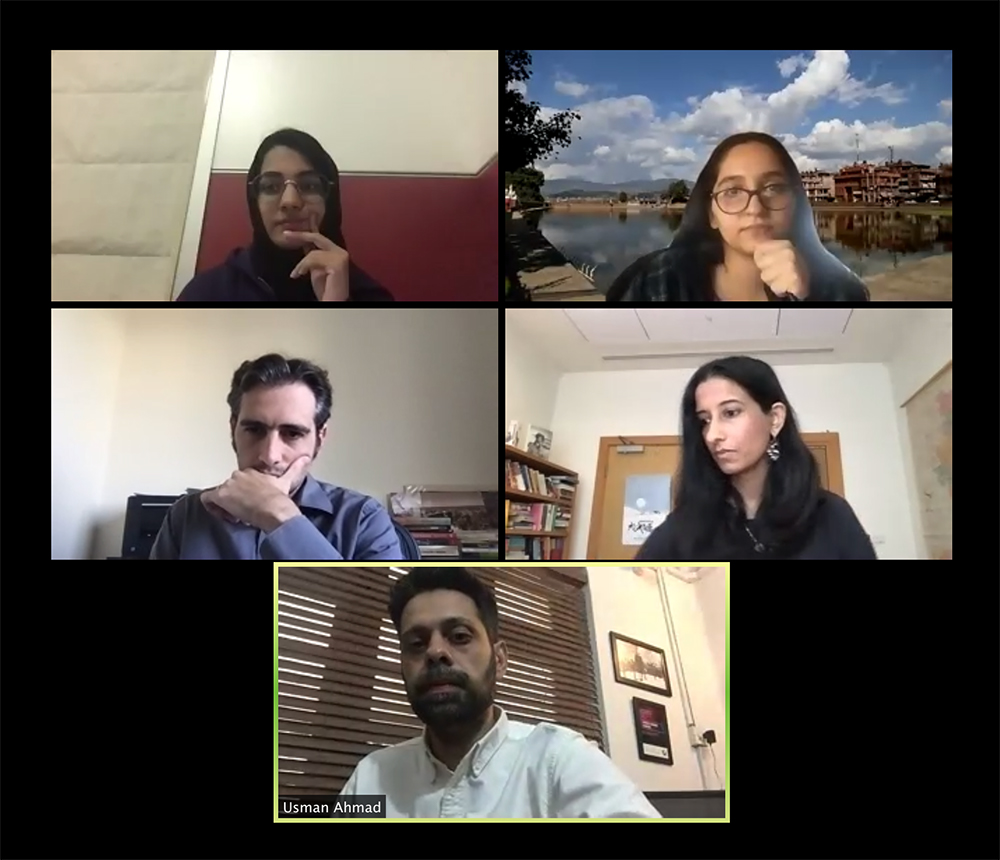 A screenshot from the webinar on “Religious Intolerance, Sectarian Violence, and Casteism in South Asia."  Clockwise: Khadija Ahmad, Diya Rijal, Sami Hermez, Toral Gajarawala, and Usman Ahmad. 