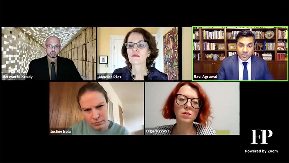 Marwan M. Kraidy, dean and CEO of Northwestern Qatar (top left), speaks at a webinar on how to stop fake news alongside Buffett Institute’s executive director, Annelise Riles (center); editor in chief of Foreign Policy, Ravi Agrawa (left); head of misinformation at Facebook, Justine Isola (bottom left); and co-founder of stopfake.org, Olga Yurkova. 