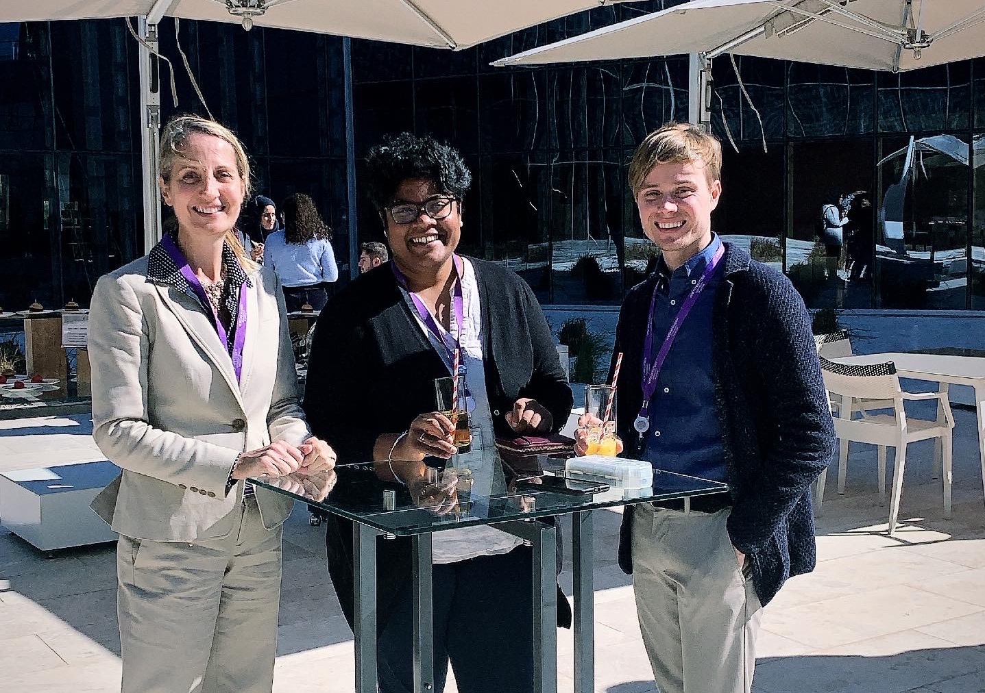 From left to right: NU-Q staff members Maya Primorac and Indee Thotawattage with NU-Q Professor João Queiroga.