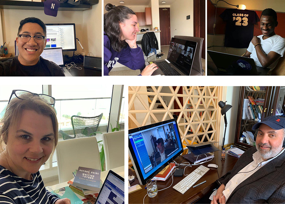 NU-Q students (top l to r): Darrell Pinontoan, Giordana Fogaca Bido, and Nesta Mwanasaluka; along with (bottom l to r) Writing Center Administrator Kelly Wilson and Professor Ibrahim Abusharif are continuing their learning and teaching programs from home.  